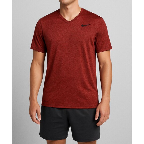 Nike Dri-Fit Men’s V-Neck T-Shirt Red Heather Short Sleeve Size M Athletic Tee - Picture 1 of 11